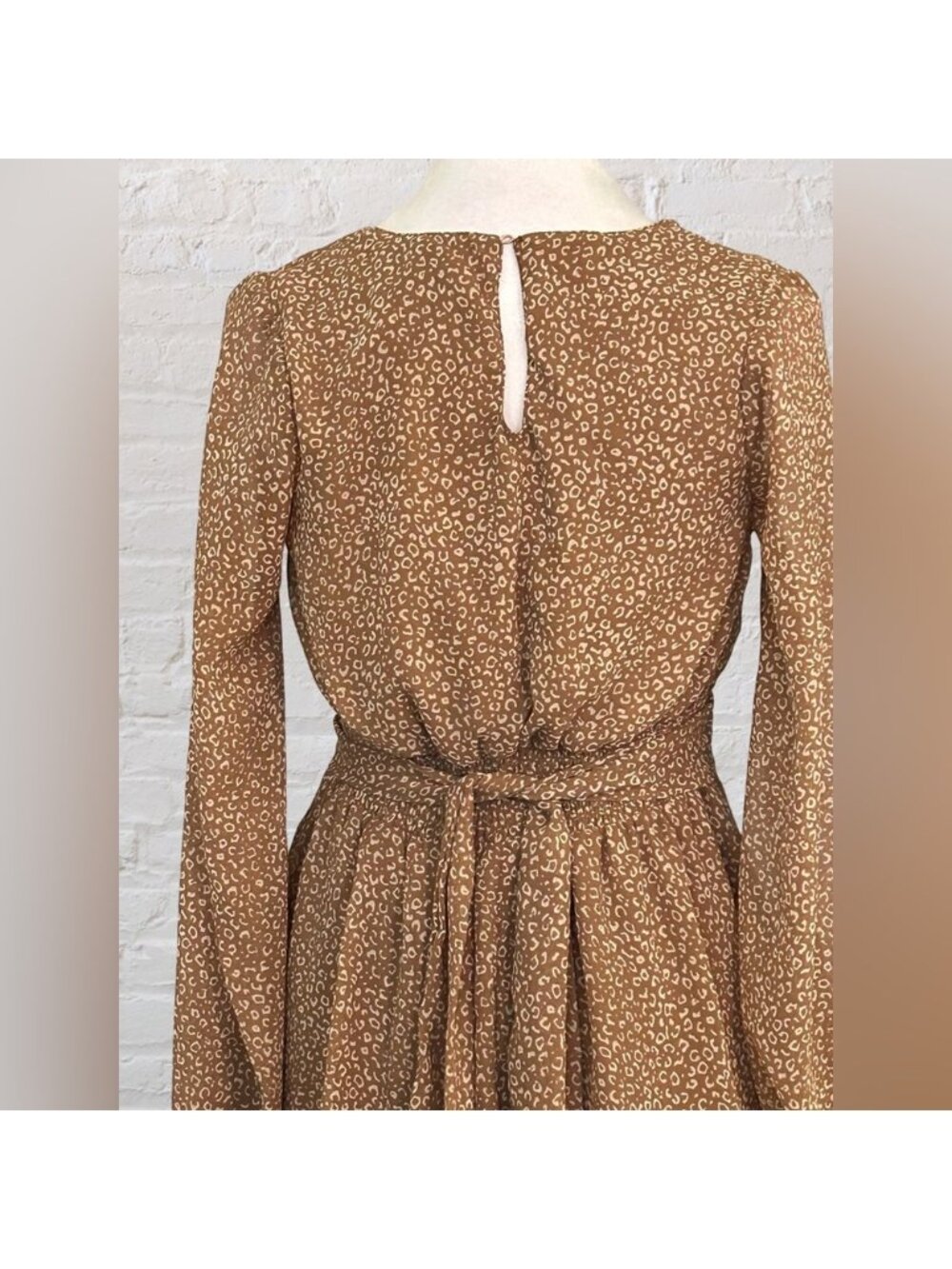 Brown Long Sleeve Mini Dress S Lightweight Boho Chic Cottagecore Peasant - Picture 7 of 11